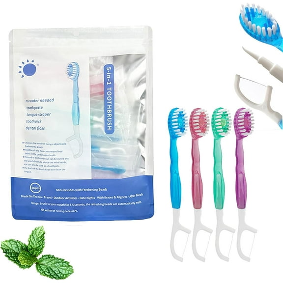 5 in 1 Toothbrush & Floss, All in One Oral Care on The Go, Tongue Scraper & Toothpick Set, Portable Travel Disposable Individually Wrapped(12 pcs)