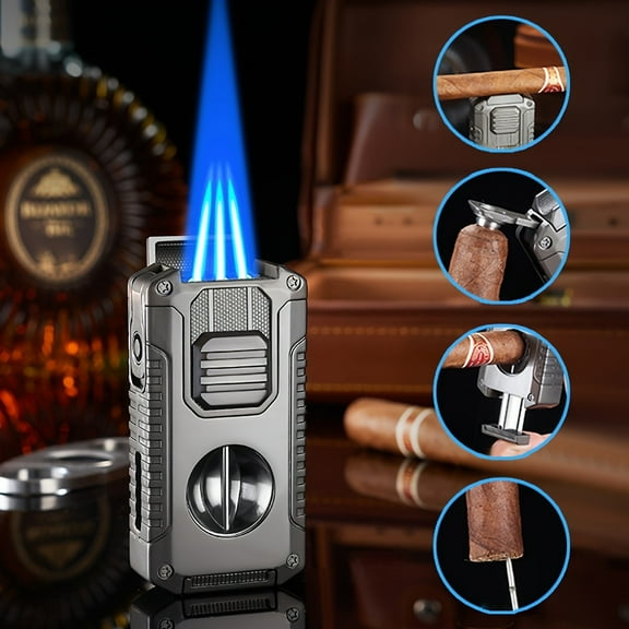 5-in-1 Torch Lighter for Cigar, Powerful Refillable Butane Triple Jet Blue Flame Cigar Lighter, Including V Cutter, Punch, Draw Enhancer, Anit-Dust Placeable Lid Holder  (Not Included Butane)
