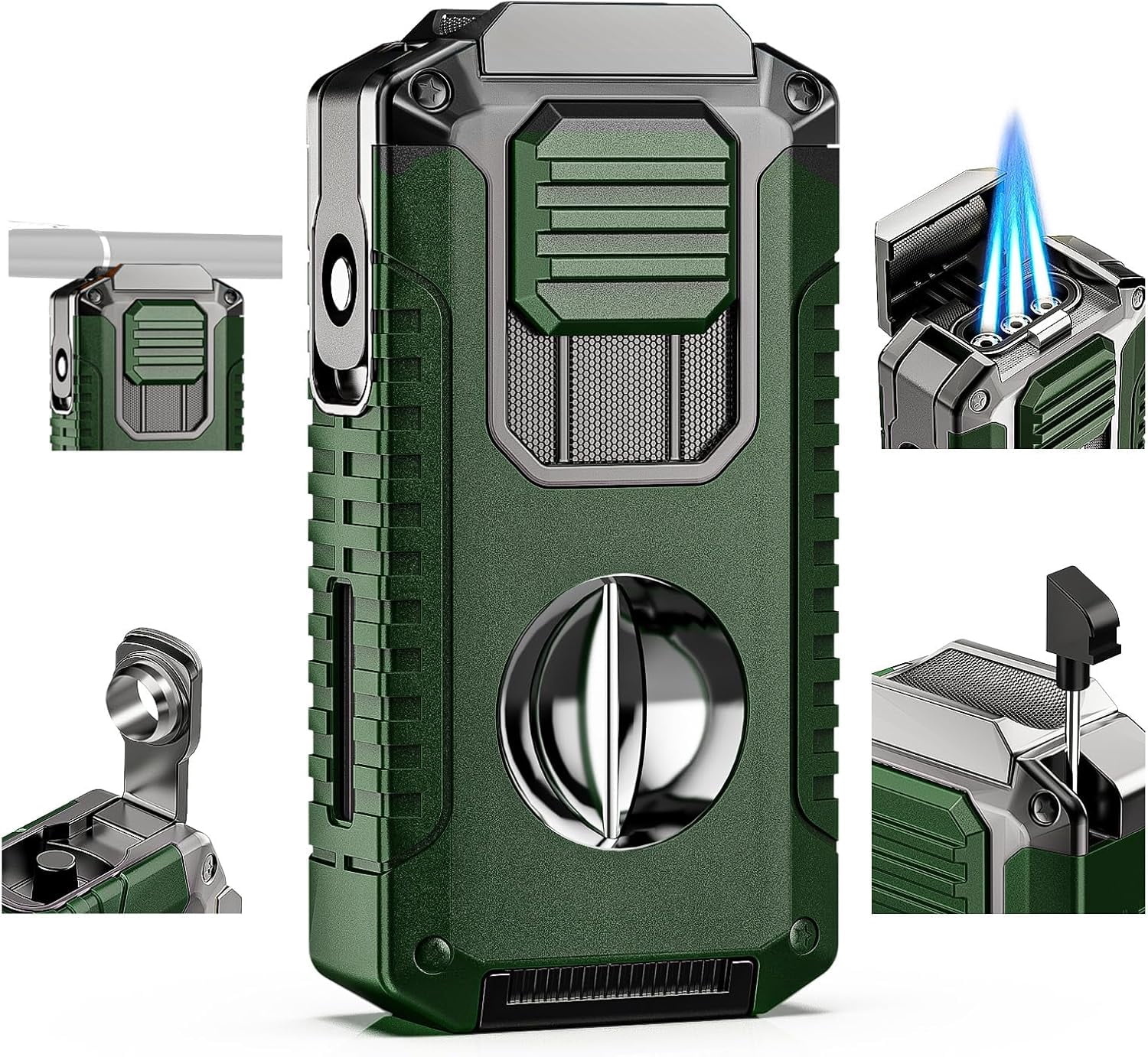 5-in-1 Windproof Triple Jet Flame Lighter With Cutter, Punch, Stand & Draw Tool – No Butane Included (Ebony/Redwood)