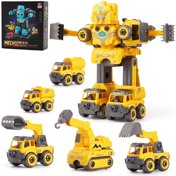 Transforming Robot Toys, 5-in-1 Robot Construction Vehicles Set, DIY Construction Toys Truck Take Apart Toys, STEM Educational Toys for Boys Girls, Yellow