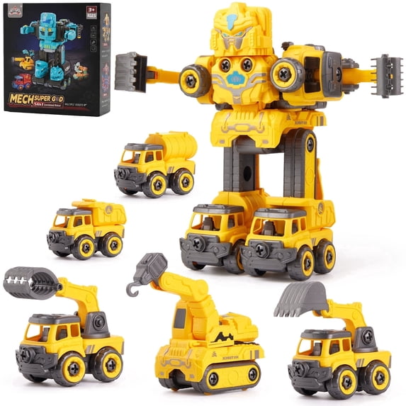Transforming Robot Toys, 5-in-1 Robot Construction Vehicles Set, DIY Construction Toys Truck Take Apart Toys, STEM Educational Toys for Boys Girls, Yellow