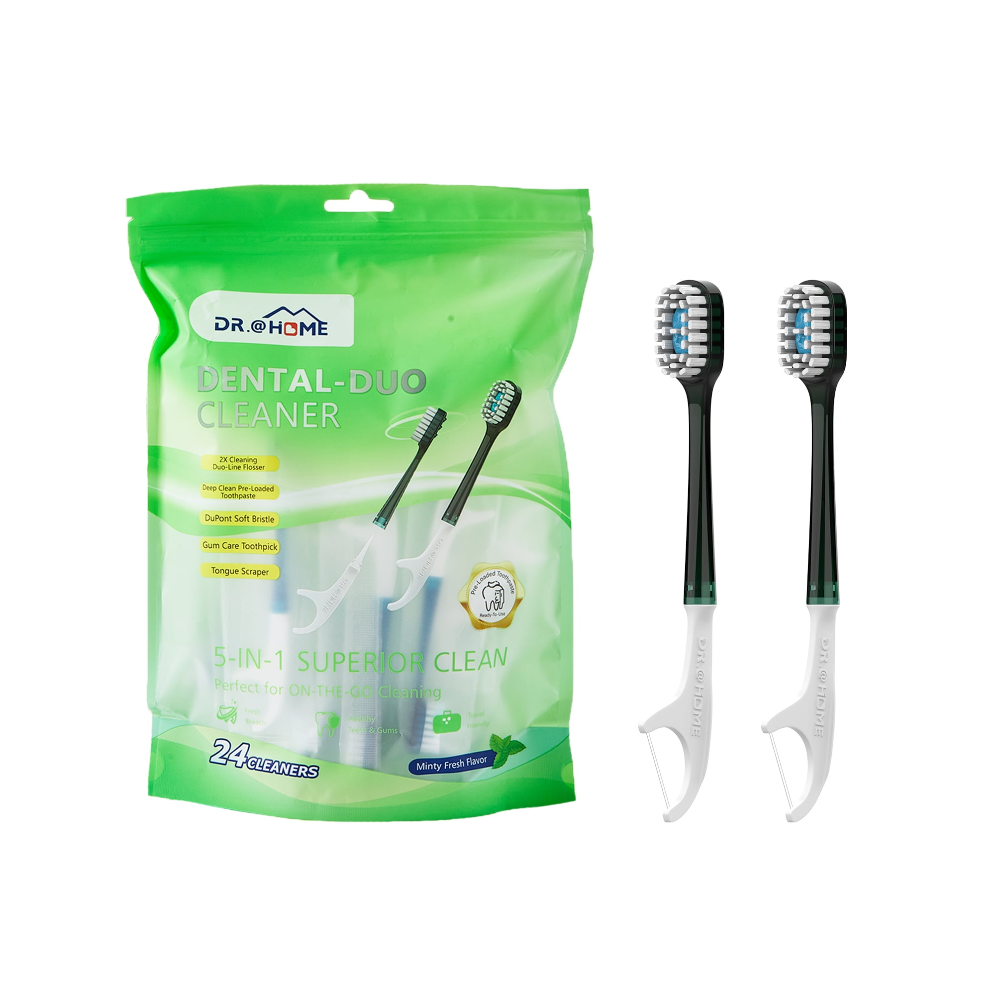 5-in-1 Travel Oral Care Set|Pre-loaded Toothbrush with Floss, Pick & Tongue Scraper| Individually Wrapped, Disposable & Eco-Friendly Toothbrush for Adults & Kids(24-Pack)