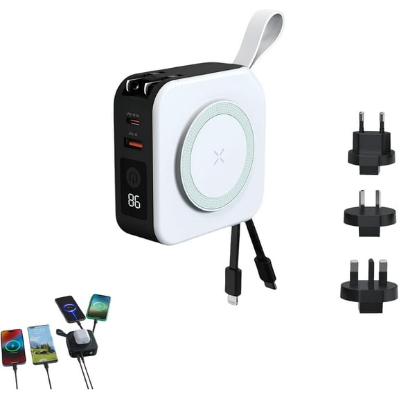 5 in 1 Travel Power Bank Magnetic Wireless Charger Fast Charger AC plug 3 Global Adapters Build in Cables Phone Stand 10000 mAh, White