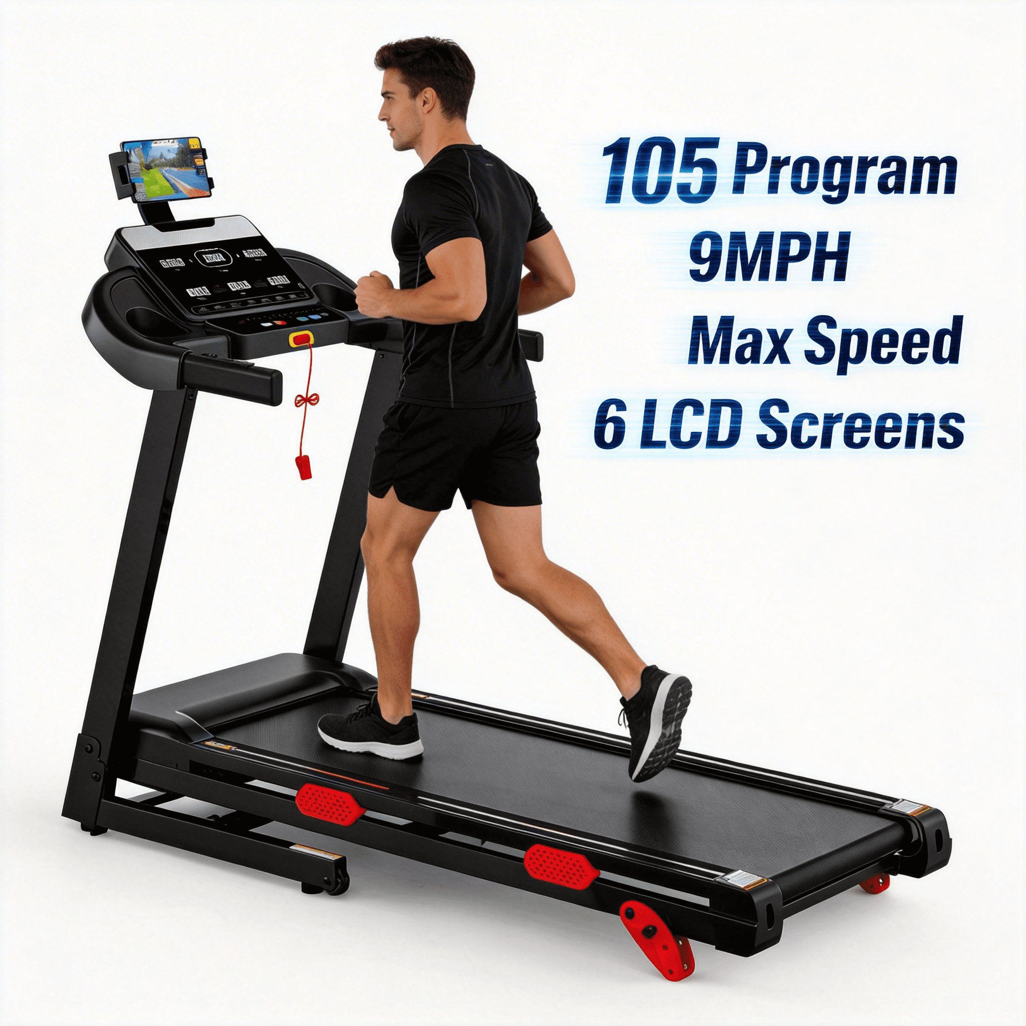 5 in-1 Treadmill with 9MPH, 3.45 Incline Treadmill for Home,96+5+3+1 Programs, 320LBS Capacity, 6 LCD Screens, Smart APP Control, Exercise Treadmill Running Walking Machine with Knee Straps