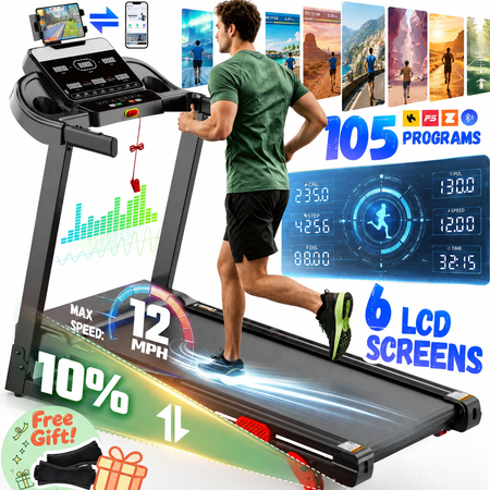 5 in-1 Treadmill with 9MPH, 3.5HP Incline Treadmill for Home,96+5+3+1 Programs, 320LBS Capacity, 6 LCD Screens, Smart APP Control, Exercise Treadmill Running Walking Machine with Knee Straps