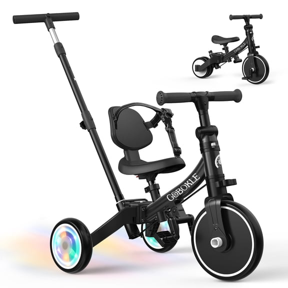 GOBOKLE 5-in-1 Tricycle for Toddlers 1-3, Kids Balance Bike with Light up Wheels, 135° Rotatable Push Handle, Adjustable Seat & Handlebar, Foldable Ride on Toy Gift & Toys for Boy & Girl,Black