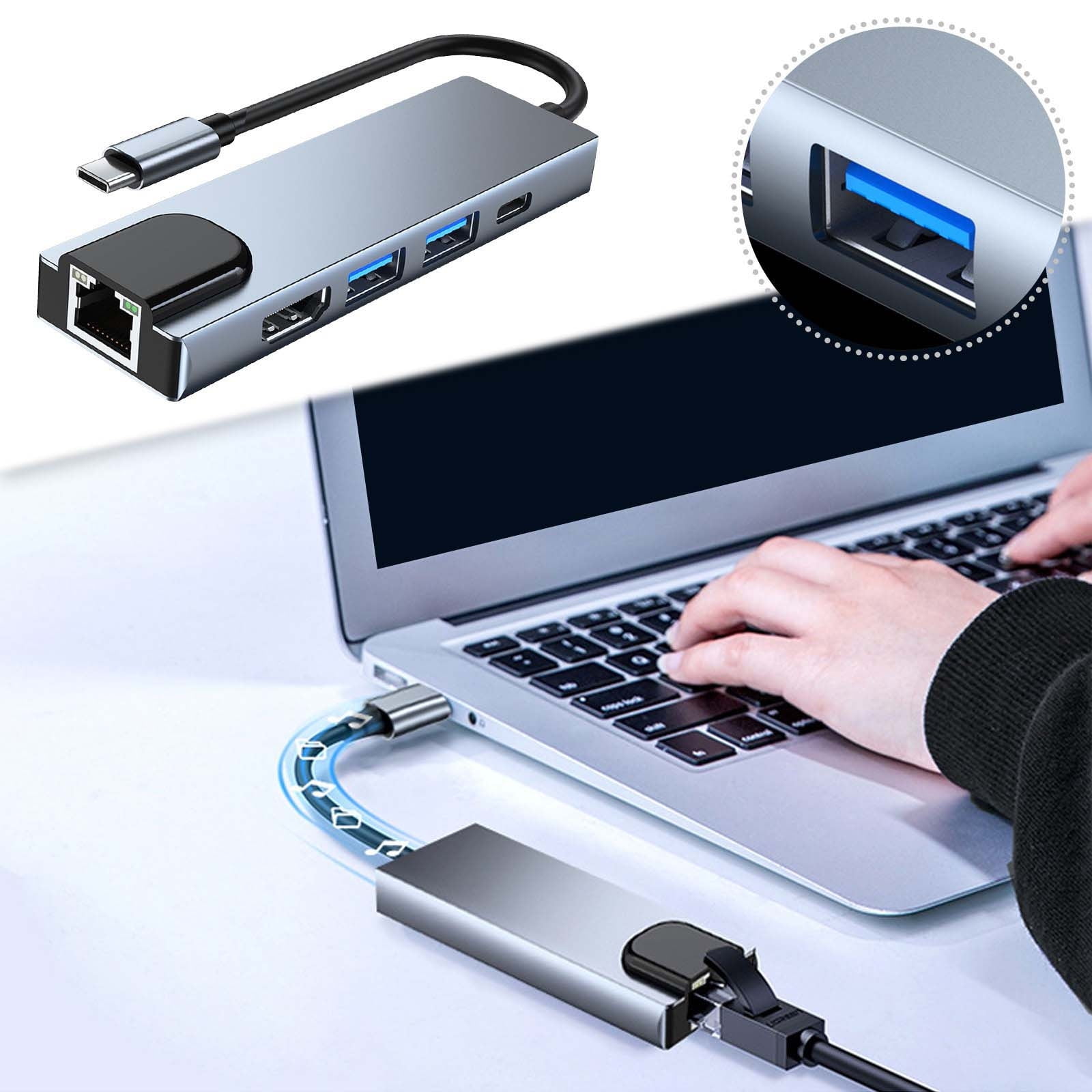 5 in 1 Type C Network Hub Adapter, USB C to HDMI USB 3.0 USB 2.0 RJ45 Ethernet PD Charging, Aluminum Alloy for Laptop