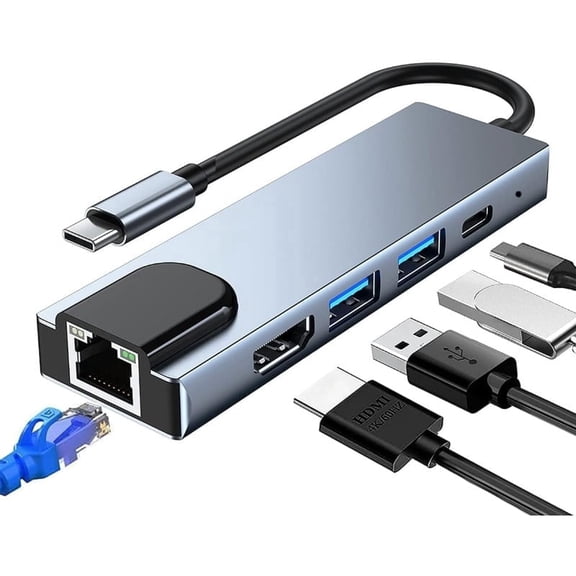 5-in-1 USB C Adapter with Ethernet, USB C3.0 Hub with 100M Gigabit RJ45 Ethernet Port, 100W PD Charging Port, 4K HD, 2 USB3.0 Ports, Compatible with MacBook Pro Air and Type-C Devices