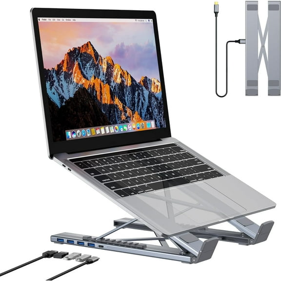 5-in-1 USB C Hub Adjustable Aluminum Laptop Stand, 4-Port USB A 3.0, Supports 5Gbps Data Transmission USB-C Hub Docking Station [Charging Not Supported] for MacBookPro/Air/Dell/HP/Lenovo