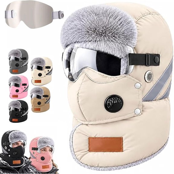 5-in-1 Unisex Winter Thermal Hat with Goggles, Detachable Breathing Valve Mask, Reflective Strips, Fleece Neck Warmer for Skiing and Cycling, Beige