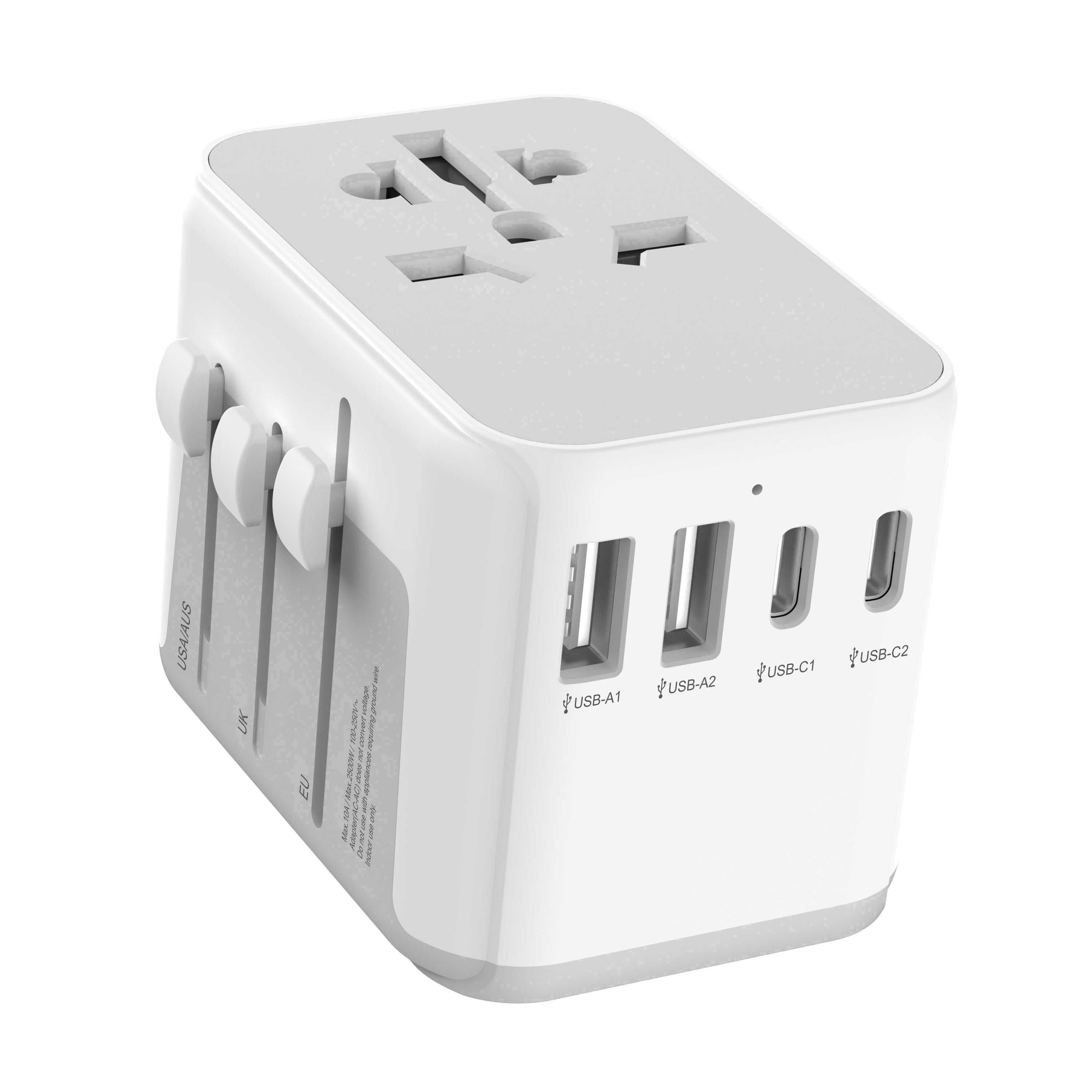 Adaptador de Enchufe de Viaje Universal 5 en 1 Cargador Mundial con 4 Puertos USB (2 USB-C), Enchufe de Pared Internacional, Gris y Blanco