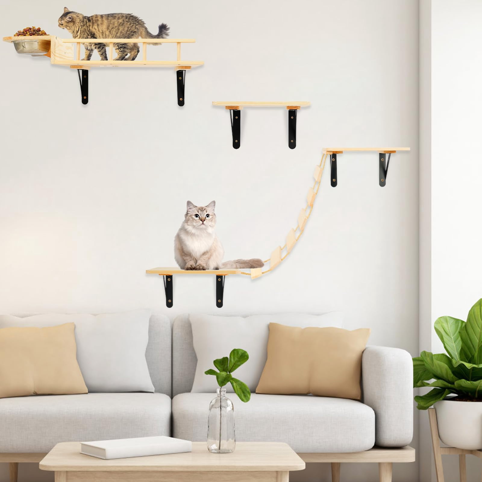 5-in-1 Wall Mounted Cat Perch Set With Bowls