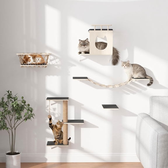 5-in-1 Wall Shelves Set with Hammock, Wall-Mounted Furniture Includes Condo, Bridge, Ladder & Steps for Indoor Cats, Safe & (Gray)