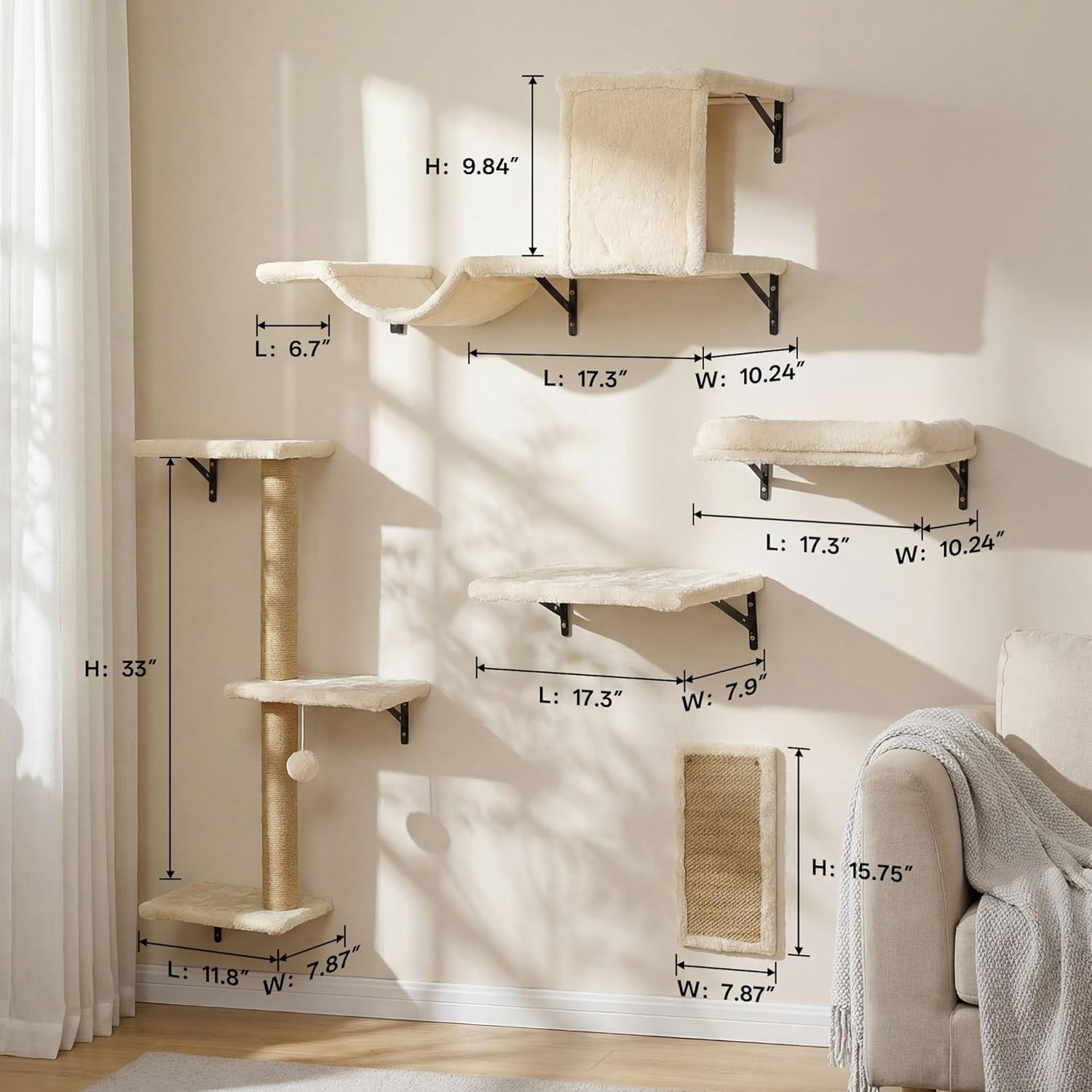 5-in-1  Wall Shelves: Sturdy Wall Mounted Climbing Furniture with Perch & Lounge for Indoor Cats - Space-Saving Beige Pet Shelves