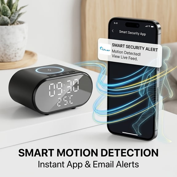 5-in-1 WiFi Camera 4K UHD Wireless Charger Clock Alarm Thermometer Motion Detection 128GB SD Card Remote App View Home Office