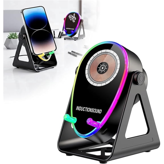 5-in-1 Wireless Bluetooth Induction Speaker with Phone Holder, Wireless Charging, Fits 4-13 Inch Devices, 1800mAh RGB Lighting Induction Speaker, Fast Charger Compatible with iPhone