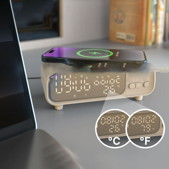 ​5-in-1 Wireless Charging Alarm Clock - 15W Fast Charger with LED Night Light & Temperature Display - Magnetic Qi Pad for Phone/Android White