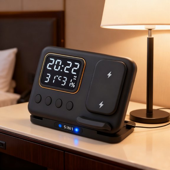 5-in-1 Wireless Charging Station with Adjustable Night Light – Time & Temperature Display with Ambient Lighting. Compatible with Apple iPhones, AirPods & Watches.