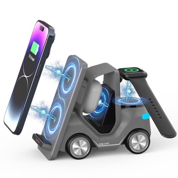 5-in-1 Wireless Charging Station Compatible with iPhone/Apple Watch/AirPods/Android Phones, Fast Charging & Smart Protection, All-in-One Desktop Portable Charger Dock (Gray)