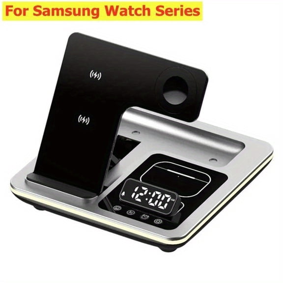 5-in-1 Wireless Charging Station with Alarm Clock and LED Light | Fast Charging Dock Compatible with iPhone, Apple Watch, and AirPods