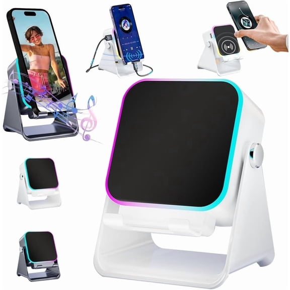 5-in-1 Wireless Induction Bluetooth Speaker with Adjustable Phone Stand, Ambient Light, Rechargeable Speakers Amplifier for iPhone, Home Mini Portable Holder Desktop, (White)