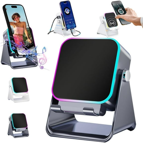 5-in-1 Wireless Induction Bluetooth Speaker with Adjustable Phone Stand, Ambient Light, Rechargeable Speakers Amplifier for iPhone, Home Mini Portable Holder Desktop, (Black)