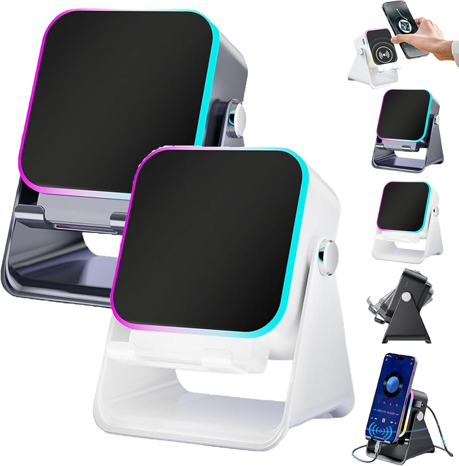 5-in-1 Wireless Induction Bluetooth Speaker with Adjustable Phone Stand, HD Stereo Sound, 5000mAh Rechargeable, 8 RGB Colorful Ambient Light, 360° Foldable Audio Cellphone Holder for iPhone (Mix, 2)