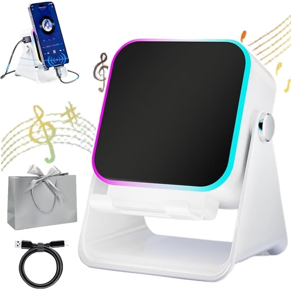 5-in-1 Wireless Induction Bluetooth Speaker with Adjustable Phone Stand, Stereo Sound, 5000mAh Rechargeable, 8 RGB Ambient Light, 360 Rotatable Holder for iPhone/Android/iPad (White)