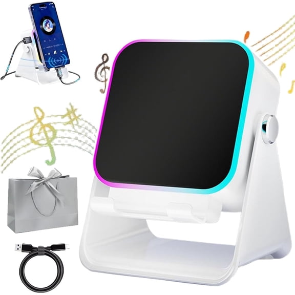 5-in-1 Wireless Induction Bluetooth Speaker with Adjustable Phone Stand, Stereo Sound, 5000mAh Rechargeable, 8 RGB Ambient Light, 360 Rotatable Holder for iPhone/Android/iPad (White)