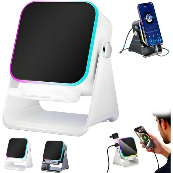5-in-1 Wireless Induction Bluetooth Speaker with Adjustable Phone Stand, Wireless Induction Speaker 5-in-1 Bluetooth Speakers with Phone Stand, 360 Adjustable Holder (White)