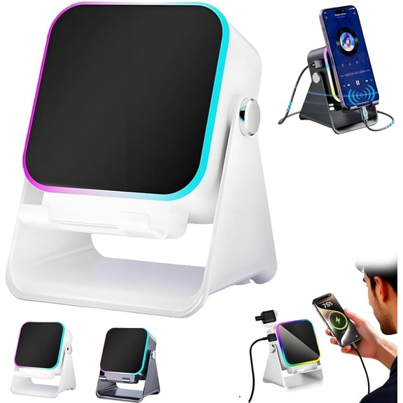 5-in-1 Wireless Induction Bluetooth Speaker with Adjustable Phone Stand, Wireless Induction Speaker 5-in-1 Bluetooth Speakers with Phone Stand, 360 Adjustable Holder (White)