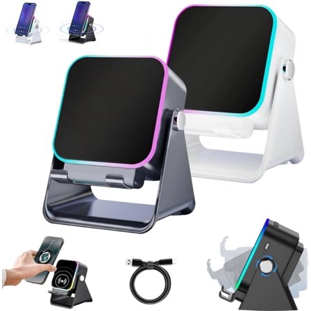 5-in-1 Wireless Induction Bluetooth Speaker with Adjustable Phone Stand, Wireless Induction Speaker, 5000mAh Rechargeable, 8 RGB Ambient Light, Inductions Speakers for iPhone Android Ipad (2PCS-B)