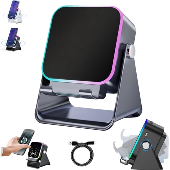 5-in-1 Wireless Induction Bluetooth Speaker with Adjustable Phone Stand, Wireless Induction Speaker, 5000mAh Rechargeable, 8 RGB Ambient Light, Inductions Speakers for iPhone Android Ipad (Black)