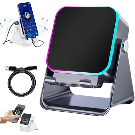 5-in-1 Wireless Induction Bluetooth Speaker with Adjustable Phone Stand, Wireless Induction Speaker, Hd Stereo Sound Compatible, 8 RGB Ambient Light, 360 Adjustable,