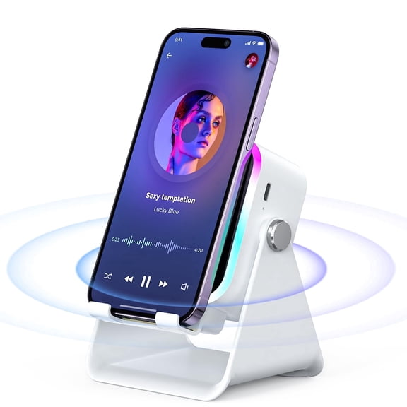 5-in-1 Wireless Induction Speaker with Phone Stand, Bluetooth Audio Amplifier with Colorful LED Light, Rechargeable Music Speaker for iPhone & Android, Ideal Birthday Gift for Men, Women(White)
