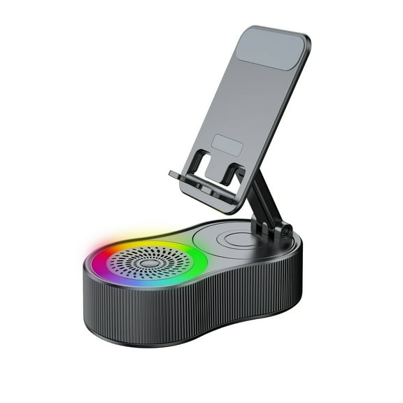 5-In-1 Wireless Speaker Phone Holder | 2000mAh Power Bank, Colorful Ambient Light | 360° Foldable, HD Stereo Sound | Fits All Phones/Tablets | For Work/Travel/Emergency | Ideal Gift (Black/White)