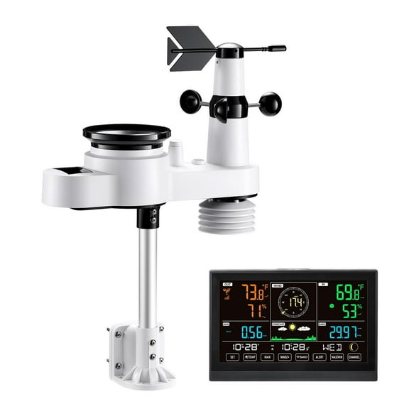 5-in-1 Wireless Weather Station with 7.5-Inch HD Display, Indoor Outdoor Thermometer Sensor, Solar Powered, Smart Alerts, IPX6 Waterproof, 492 ft Transmission, for Home, Garden, Farm Use