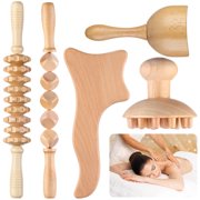 5-in-1 Wood Therapy Massage Tools, Lymphatic Drainage Massager Tool Set, Wood Massage Cup Massage Rollers Contouring Board, Cellulite Body Sculpting Massage Kit for Muscle Pain Relief