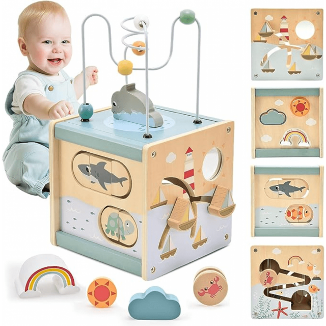 5 in 1 Wooden Activity Cube toys, Ocean Animal Shape Sorter Bead Maze