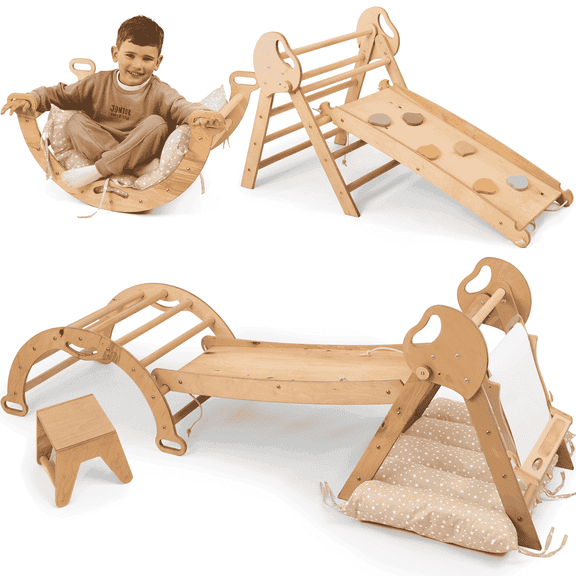 Goodevas 5-in-1 Wooden Indoor Montessori Climbing Triangle With Slide and Art Set For Toddlers