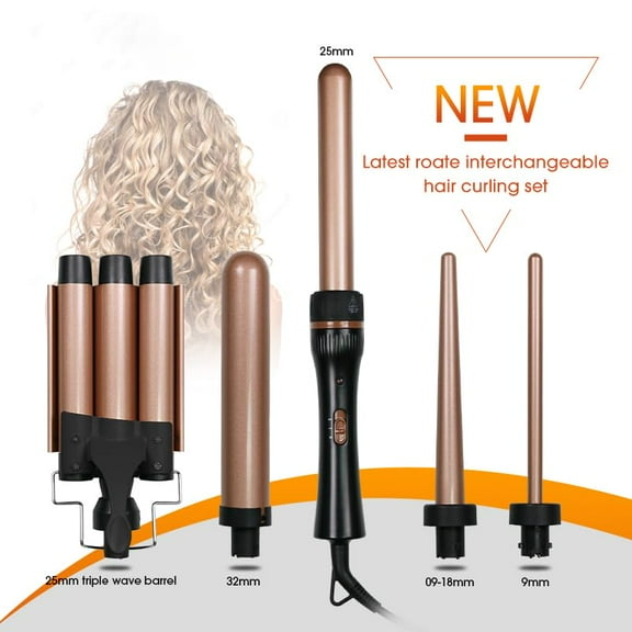 5-in-1Curling Wand Iron, Multifunction Curling Tongs Set with Interchangeable Ceramic Coating Barrels, Curling Wand for Long/Short Hair, LED Display for Different Size Curls and Waves