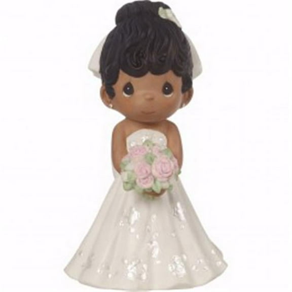 5 in. Figurine Bride Wedding Cake Topper with Black Hair Dark Skin Tone, Bisque Porcelain