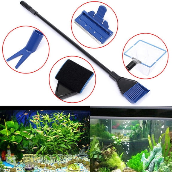 Aquarium Cleaning Kit with Fish Net Rake Scraper Fork and Sponge for Fish Tank 5 in 1 Assorted Color