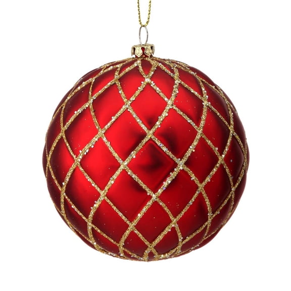 5 in Red Matte Quilted Glitter Ball Ornament.