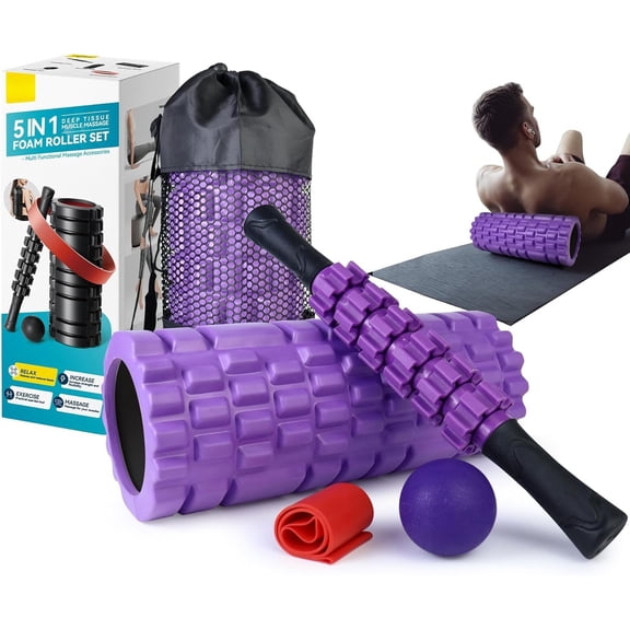 5 in1  Roller Set, High Density Deep Tissue  for  Massage, Massage Roller, Massage Ball, Resistance Band for Whole  Physical  Deep  Massage (Purple)