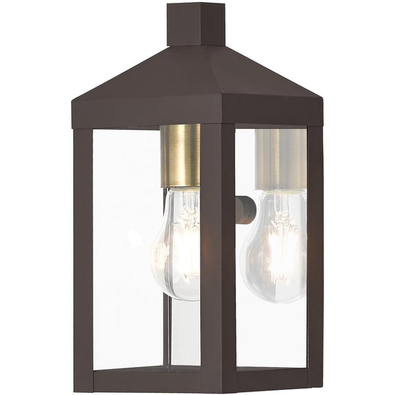 5 inch 1 Light Bronze Outdoor Wall Lantern with Clear Glass Shade backed with Solid Brass material for patio, front porch, entryway and more