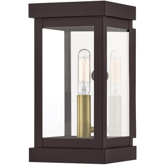 5 inch 1 Light Bronze Outdoor Wall Lantern with Clear Glass Shade backed with Solid Brass material for patio, front porch, entryway and more
