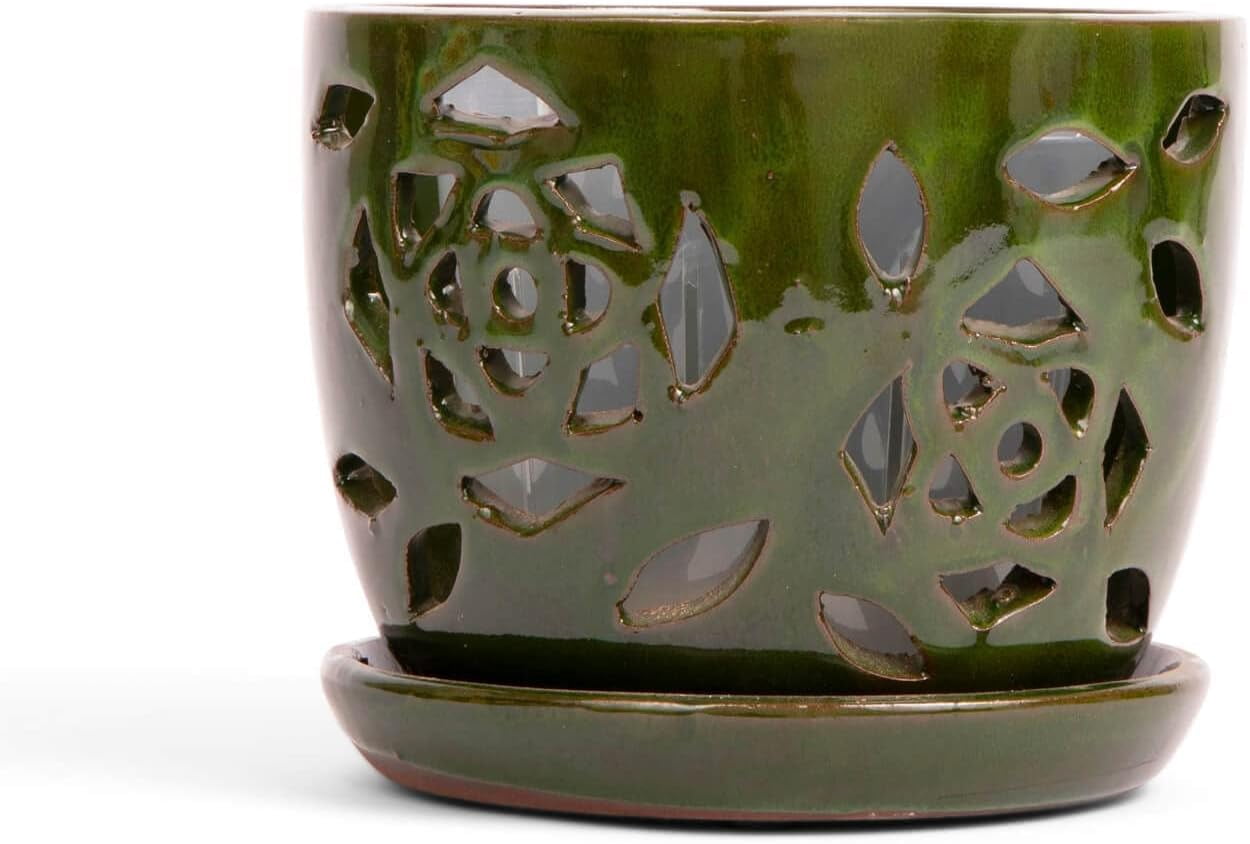 5 inch Floral Cutout Ceramic Orchid Pot (Emerald Green) - Includes 5 ...