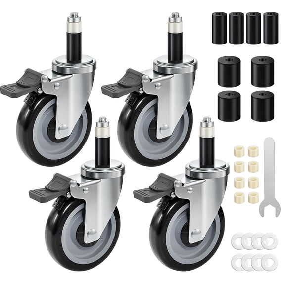 5 inch Swivel Caster Wheels Set of 4, 1600 LBS Capacity, Dual Locking Brake Expanding Stem Casters Fit for 7/8", 1", 1-1/2" Tube Legs for Stainless Steel Table, Furniture, Cart, Tool Cabinet