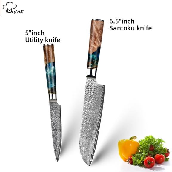 5 inch Utility Knife +6.5 inch Santoku Knife Kitchen Knives Set Damascus Steel VG10 Knife Blue Resin and Color Wood Handle